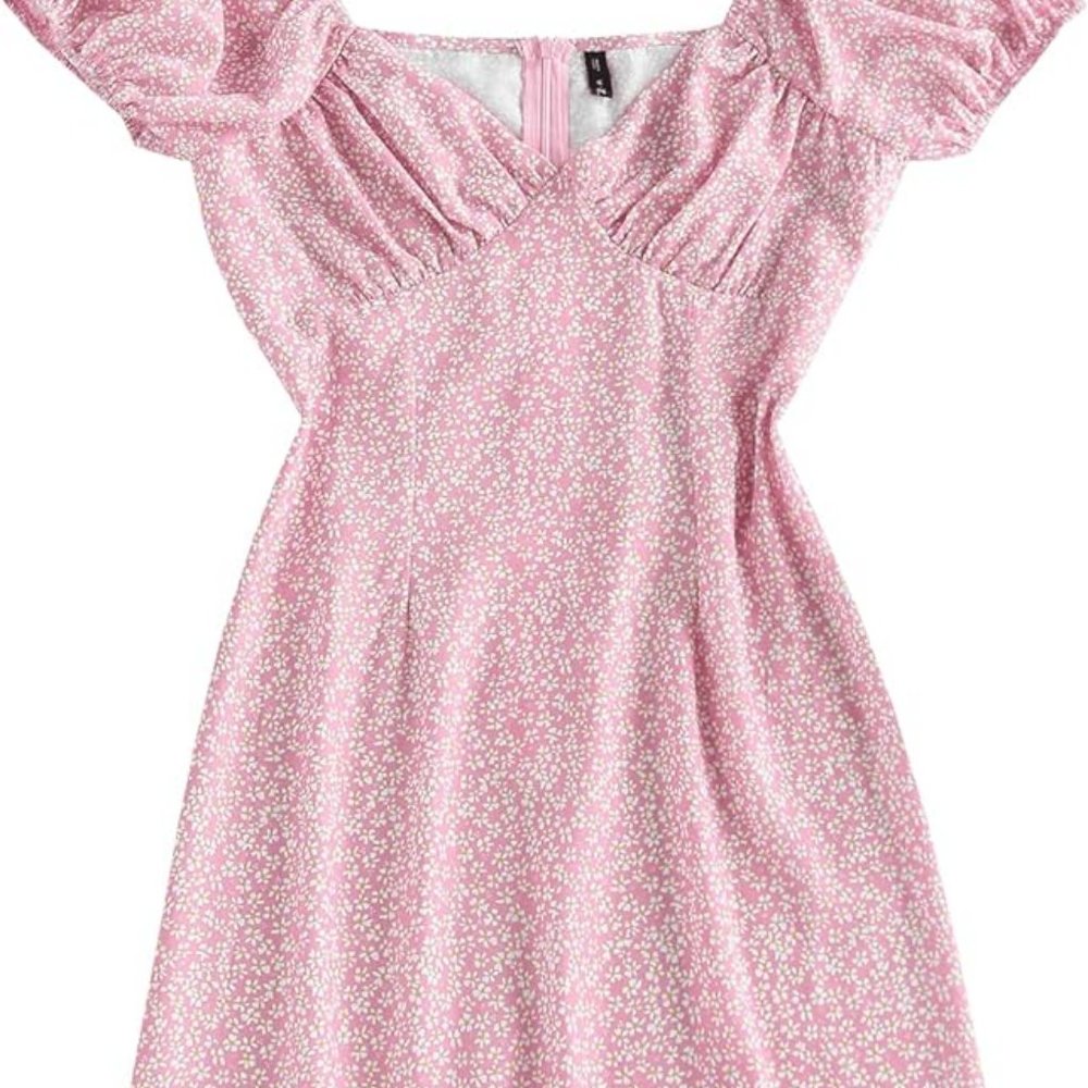 ZAFUL Pink Puff Sleeve Floral Mini Dress
